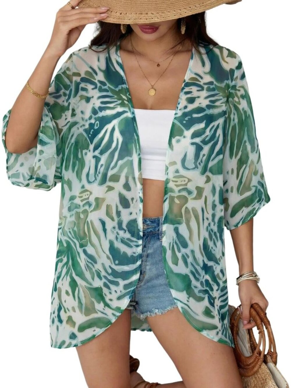 Women Abstract Leave Chiffon Kimono Cardigan Open Front Blouse Swimwear Cover Up